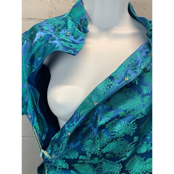 Vintage 60s Turquoise Brocade Silk Cheongsam Blouse Mandarin Collar - Picture 2 of 10